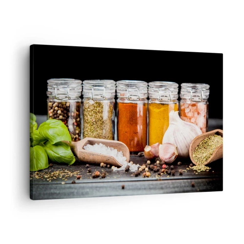Quadro em tela - Ervas e especiarias em potes de vidro sobre fundo escuro - 70x50cm - Para que a vida tenha um sabor - Decoração de parede moderna para a sala de estar e quarto ARTTOR