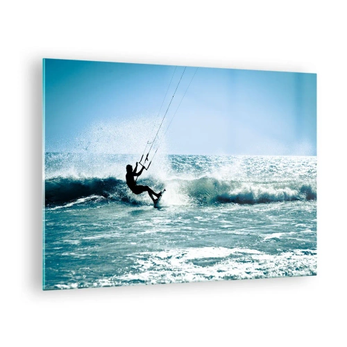 Quadro em vidro - Kitesurfista nas ondas do oceano em um dia ensolarado - 70x50cm - Deixe-se levar - Decoração de parede moderna para a sala de estar e quarto ARTTOR