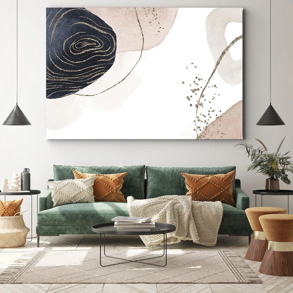 Quadro em tela - Formas abstratas em tons de bege e azul marinho com detalhes dourados - 70x50cm - Tudo flui - Decoração de parede moderna para a sala de estar e quarto ARTTOR