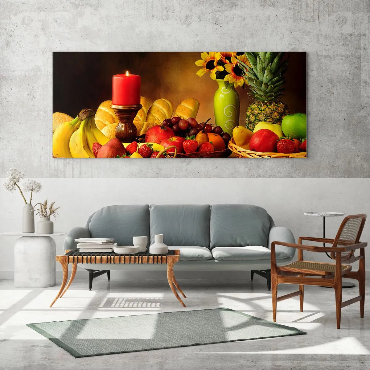 Quadro em vidro - Natureza morta com pão e fruta - 160x50 cm