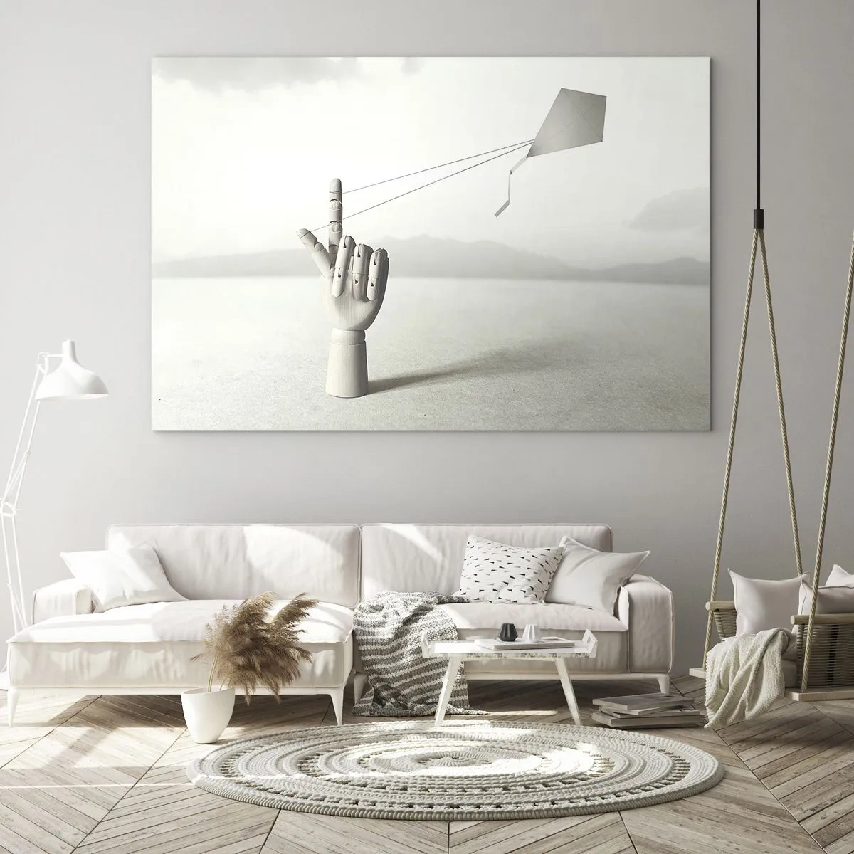 Quadro em vidro - Uma mão de madeira segurando uma pipa flutuante em seu dedo - 70x50cm - Prova de força - Decoração de parede moderna para a sala de estar e quarto ARTTOR
