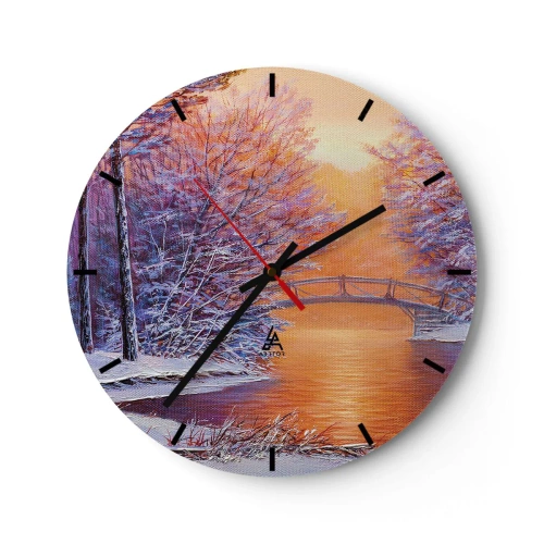 Relógio de parede - Relógio em vidro - Paisagem de inverno com uma ponte sobre um rio, árvores e neve - 30x30cm - Vamos nos encontrar aqui - Decoração de parede moderna para a sala de estar, cozinha e quarto ARTTOR