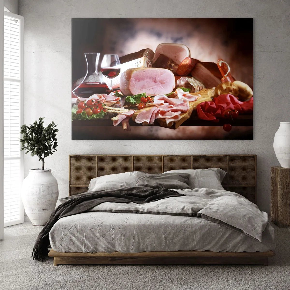 Quadro em vidro - Mesa de cozinha com frios, vinho e vegetais frescos - 70x50cm - Um sonho culinário com uma jarra - Decoração de parede moderna para a sala de estar e quarto ARTTOR