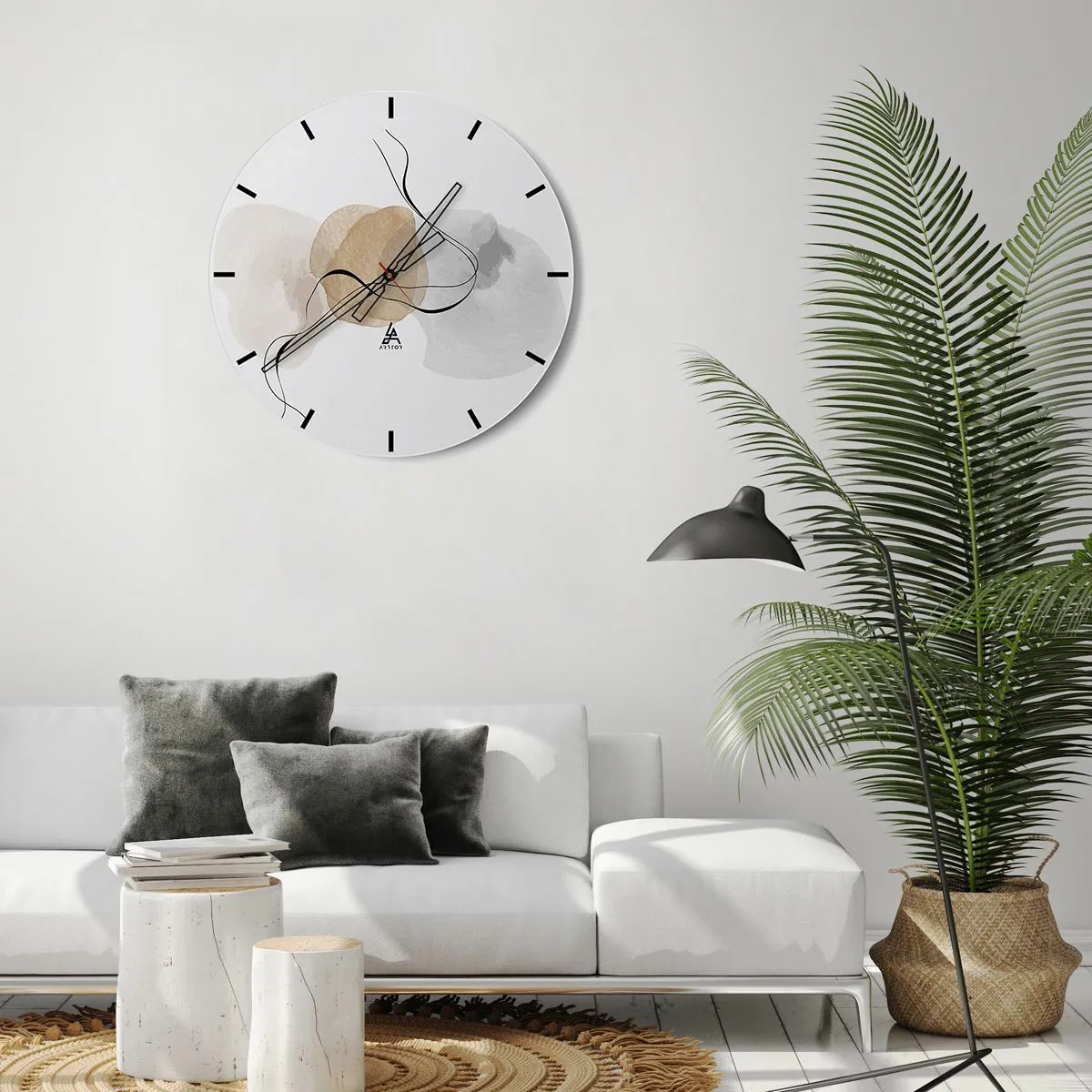 Relógio de parede - Relógio em vidro - Manchas pastéis abstratas e linhas pretas em um fundo branco - 30x30cm - Contas ao vento - Decoração de parede moderna para a sala de estar, cozinha e quarto ARTTOR