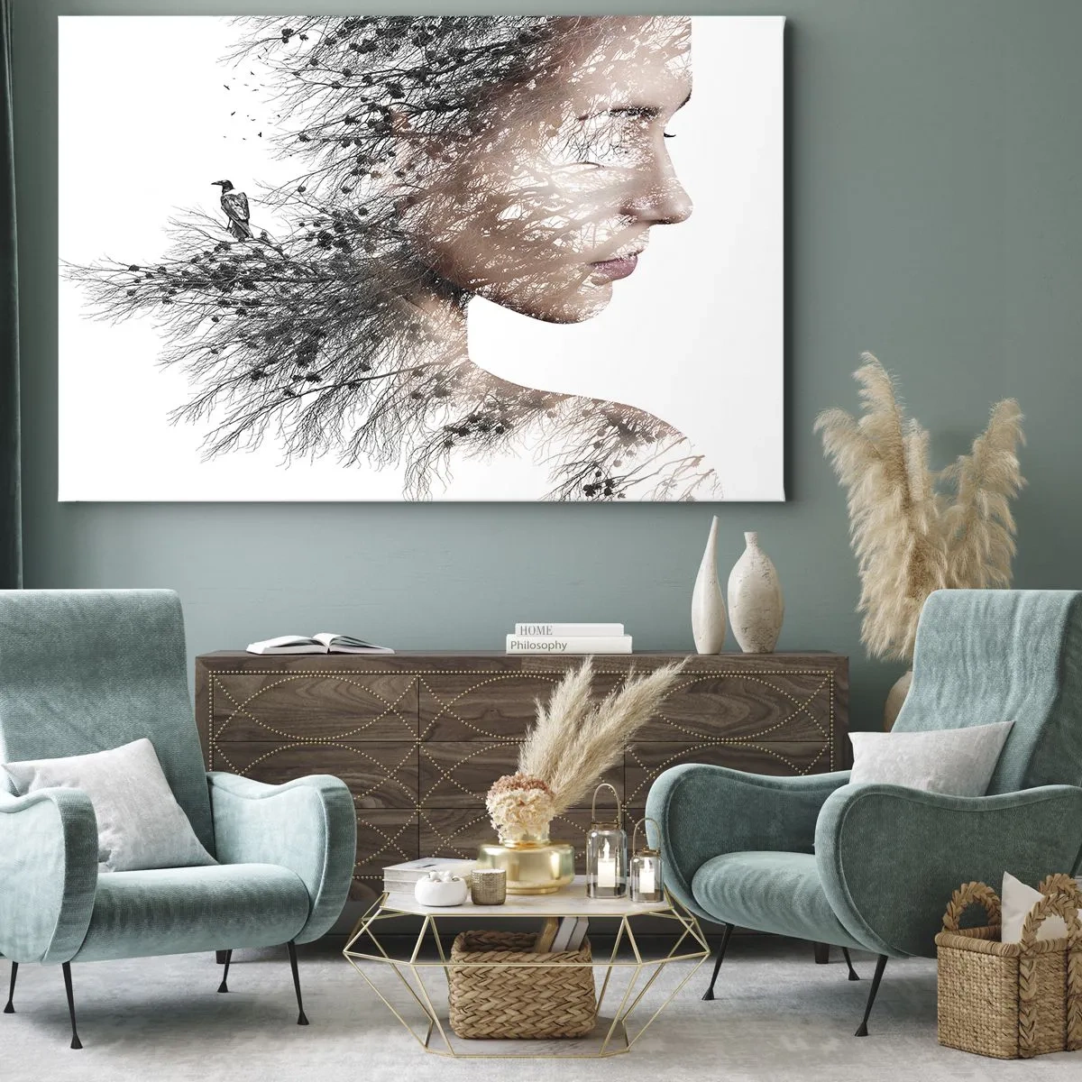 Quadro em tela - Silhueta de uma mulher com um galho e um motivo de pássaro ao fundo - 70x50cm - Espírito da floresta - Decoração de parede moderna para a sala de estar e quarto ARTTOR