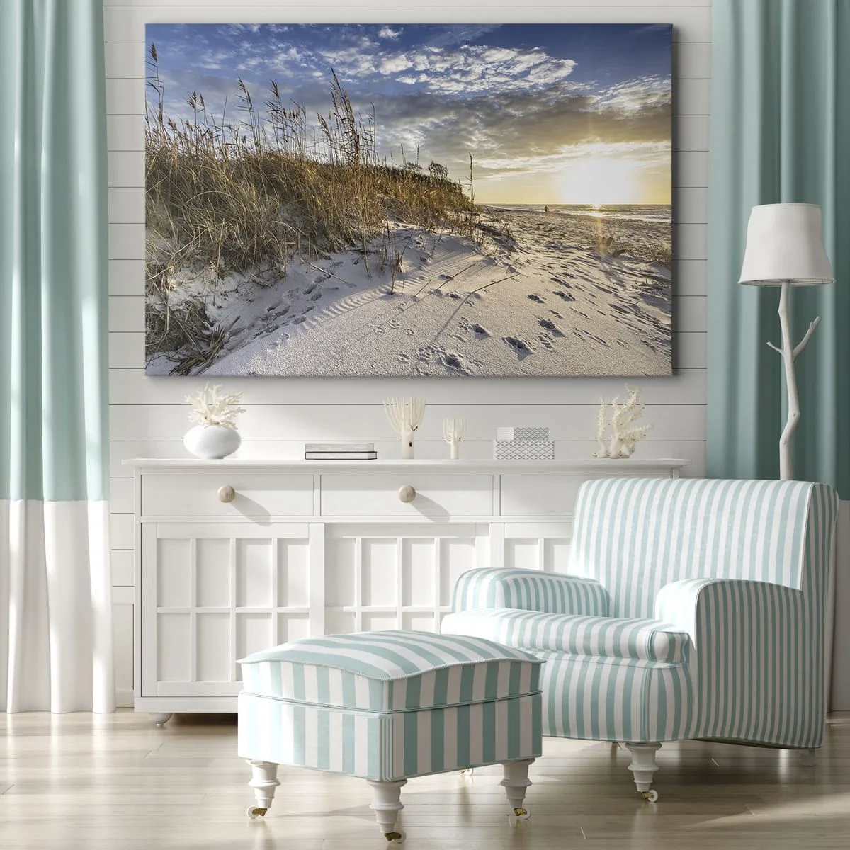 Quadro em tela - Dunas com grama e pegadas na areia ao pôr do sol - 70x50cm - Um convite para um passeio - Decoração de parede moderna para a sala de estar e quarto ARTTOR