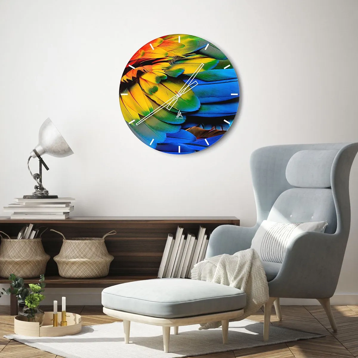 Relógio de parede - Relógio em vidro - As penas vibrantes de um pássaro tropical - 30x30cm - Ave do paraíso - Decoração de parede moderna para a sala de estar, cozinha e quarto ARTTOR