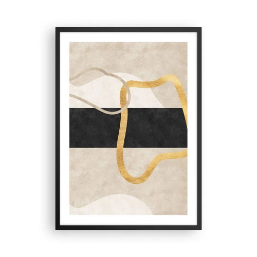 Pôster com moldura preta - Composição abstrata com preto, dourado e fundo neutro - 50x70cm - Formas em loop - Decoração de parede moderna para a sala de estar e quarto ARTTOR