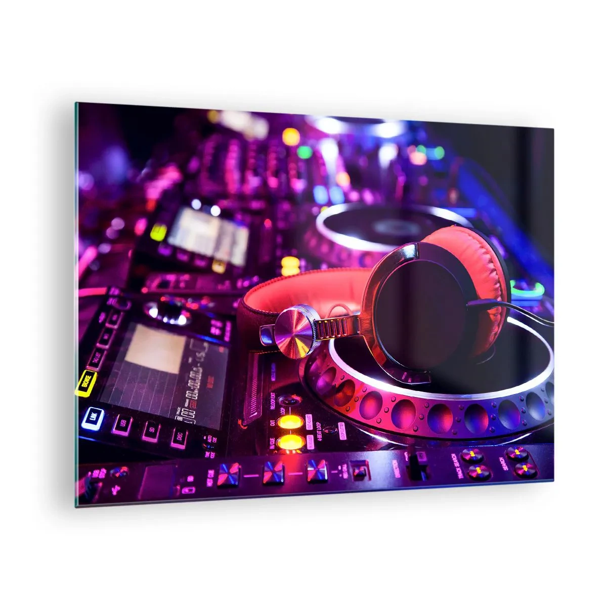 Quadro em vidro - Equipamento de DJ colorido com fones de ouvido vermelhos - 70x50cm - Antes da diversão começar - Decoração de parede moderna para a sala de estar e quarto ARTTOR