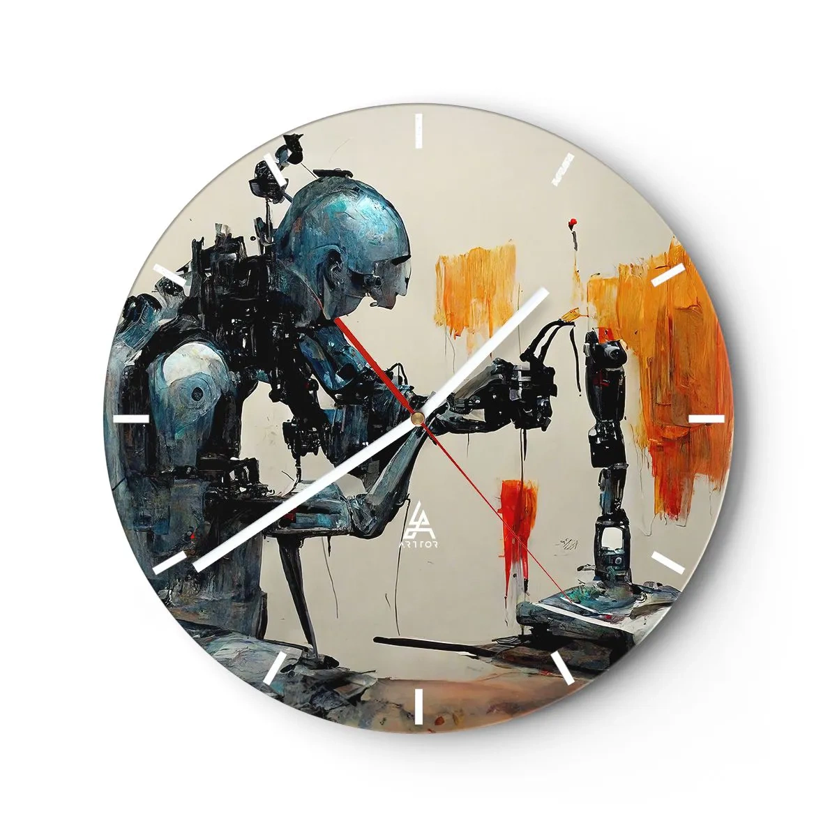 Relógio de parede - Relógio em vidro - Robô humanoide montando um membro artificial - 30x30cm - Já amanhã… - Decoração de parede moderna para a sala de estar, cozinha e quarto ARTTOR