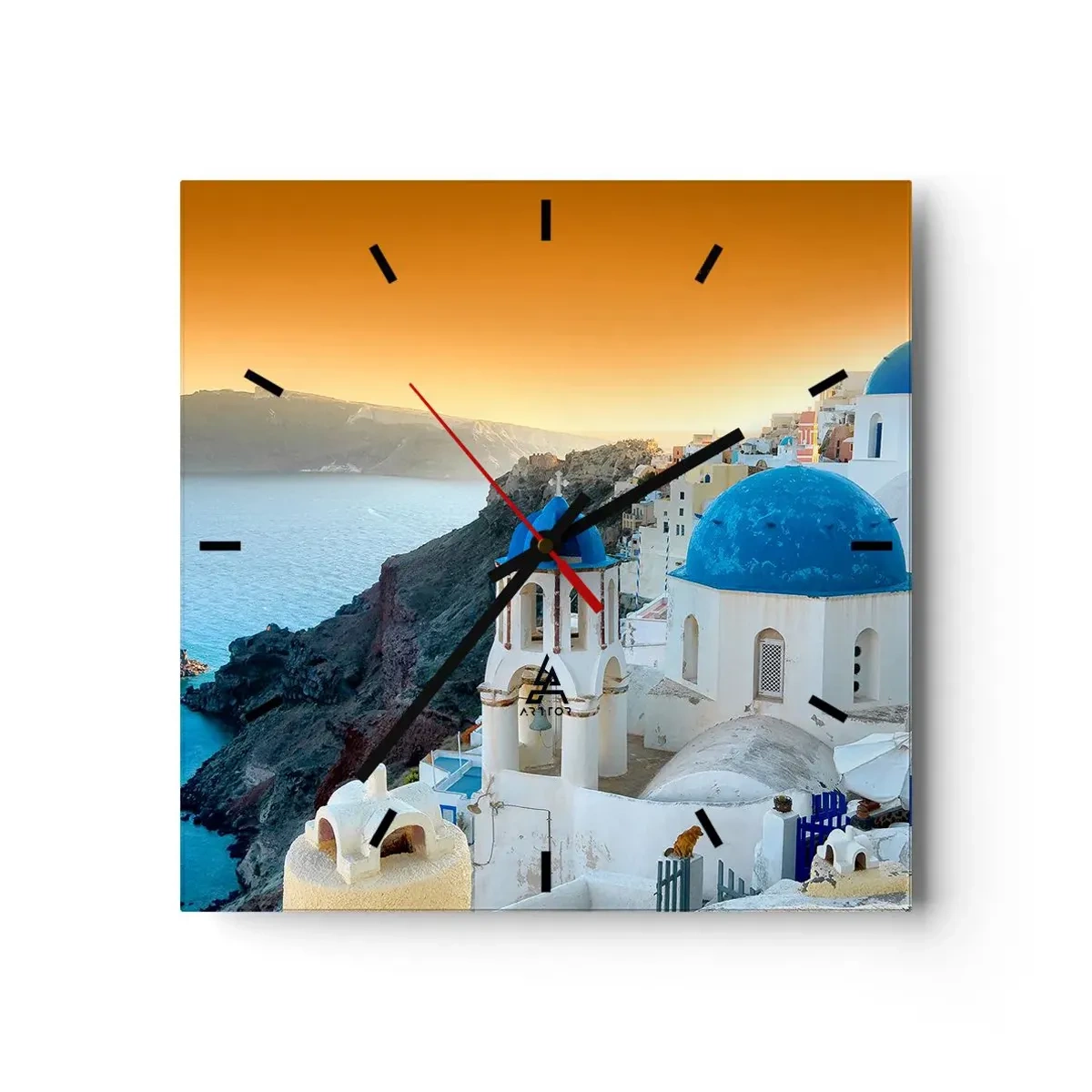 Relógio de parede - Relógio em vidro - Santorini - abraçada às rochas - 30x30 cm