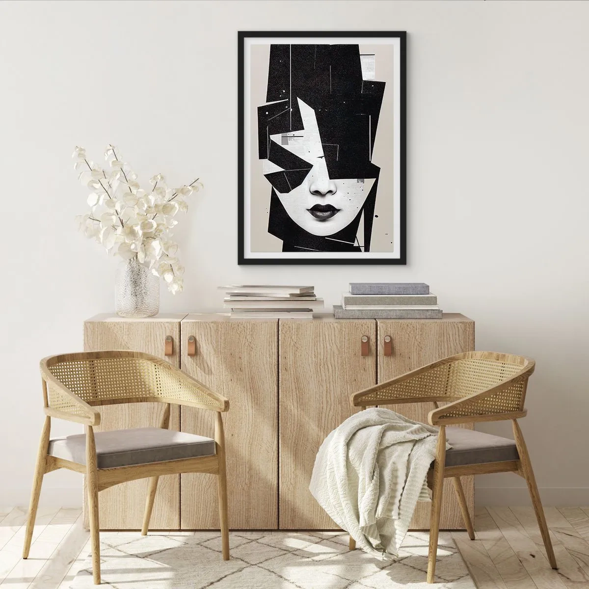 Pôster com moldura preta - Retrato abstrato de uma mulher em preto e branco - 50x70cm - Profundamente escondido - Decoração de parede moderna para a sala de estar e quarto ARTTOR