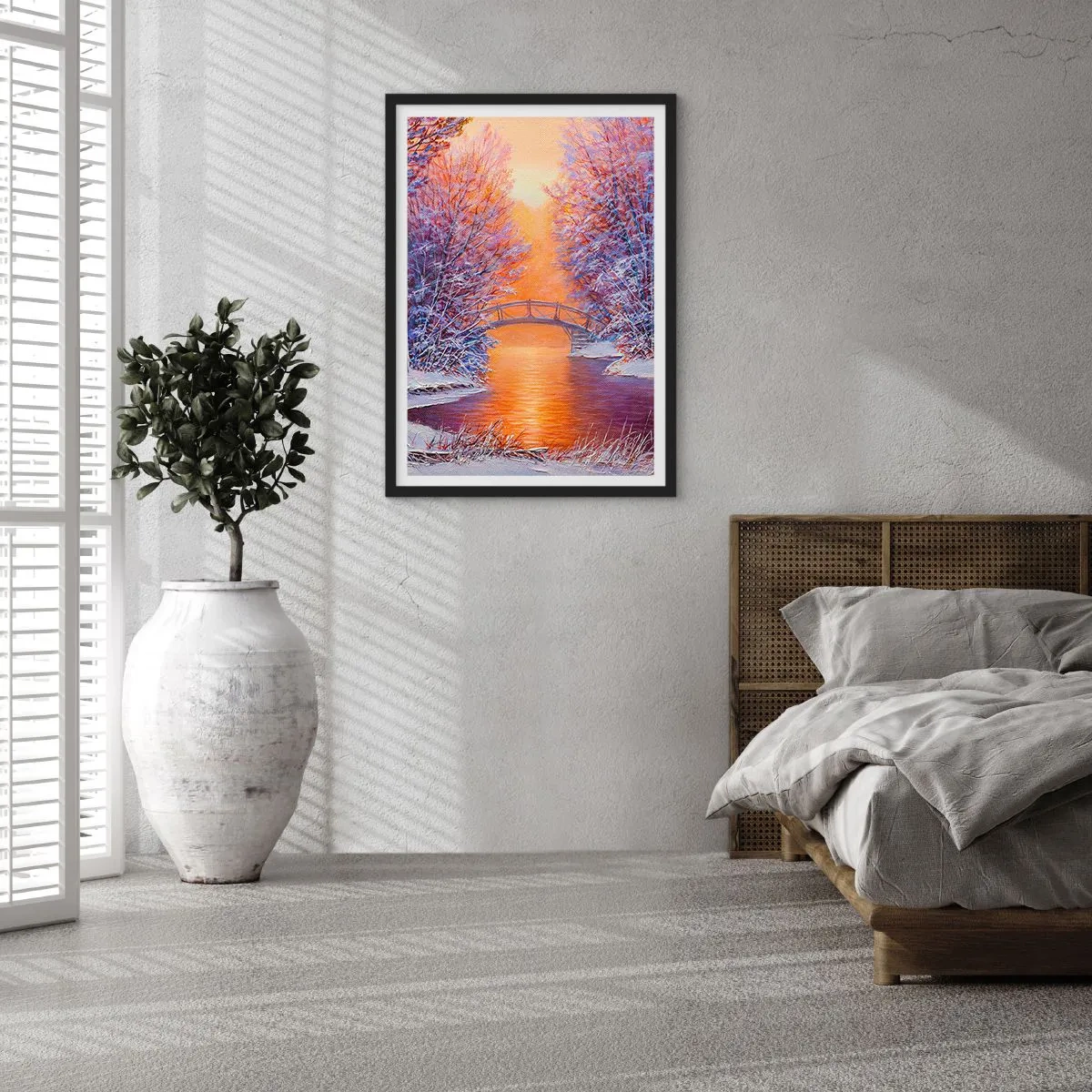 Pôster com moldura preta - Paisagem de inverno com uma ponte e o pôr do sol refletido no rio - 50x70cm - Vamos nos encontrar aqui - Decoração de parede moderna para a sala de estar e quarto ARTTOR