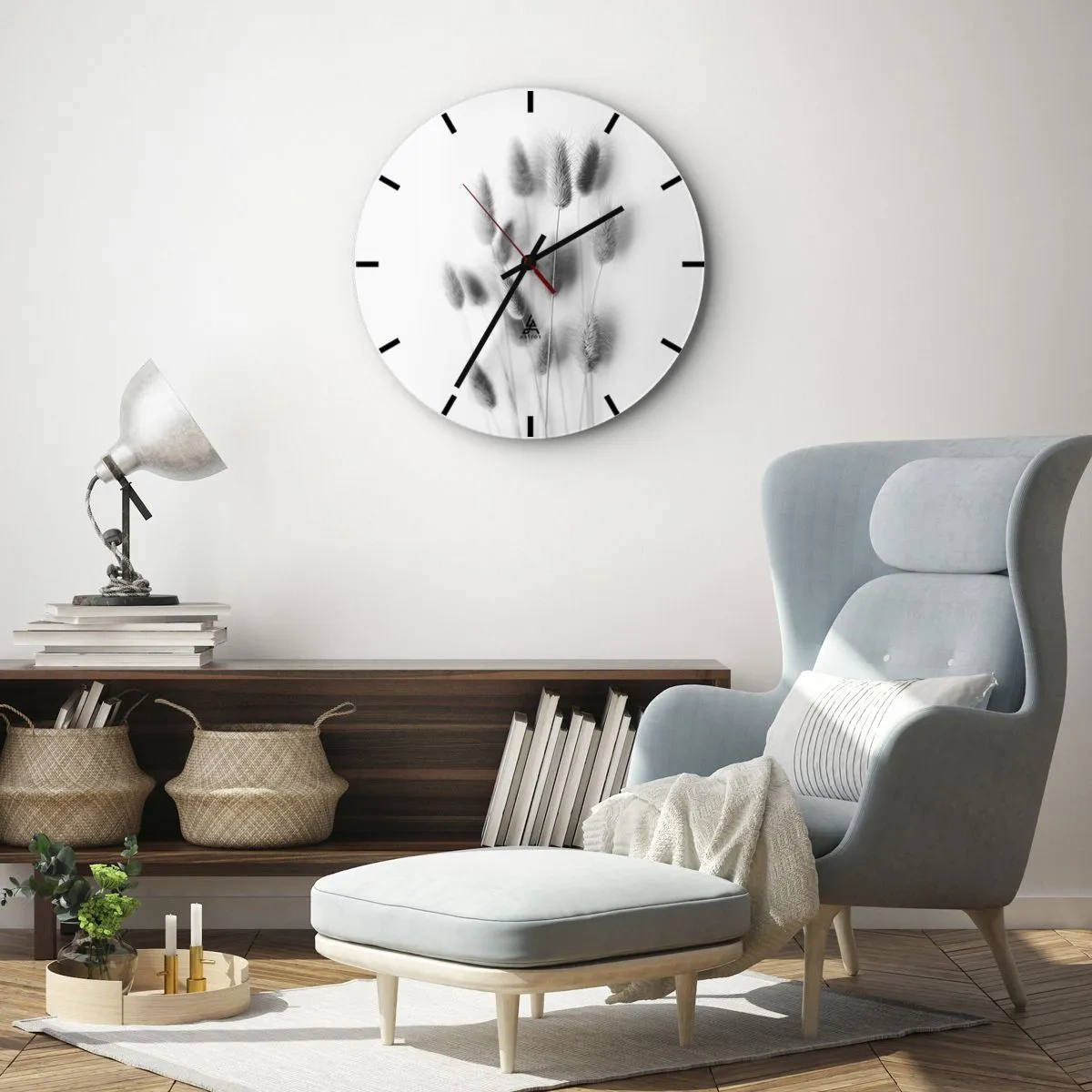 Relógio de parede - Relógio em vidro - Composição em preto e branco com gramíneas em fundo claro - 30x30cm - Grama fofa - Decoração de parede moderna para a sala de estar, cozinha e quarto ARTTOR