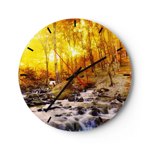 Relógio de parede - Relógio em vidro - Floresta de outono com um riacho correndo entre folhas douradas - 30x30cm - Pedras emolduradas em ouro e platina - Decoração de parede moderna para a sala de estar, cozinha e quarto ARTTOR