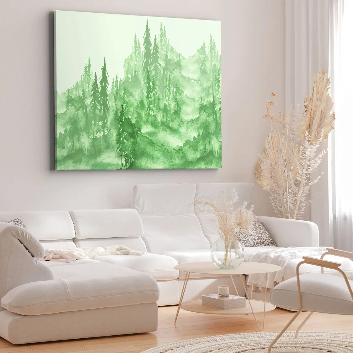 Quadro em tela - Floresta verde em estilo aquarela sobre fundo claro - 70x50cm - Desfocado pela névoa verde - Decoração de parede moderna para a sala de estar e quarto ARTTOR