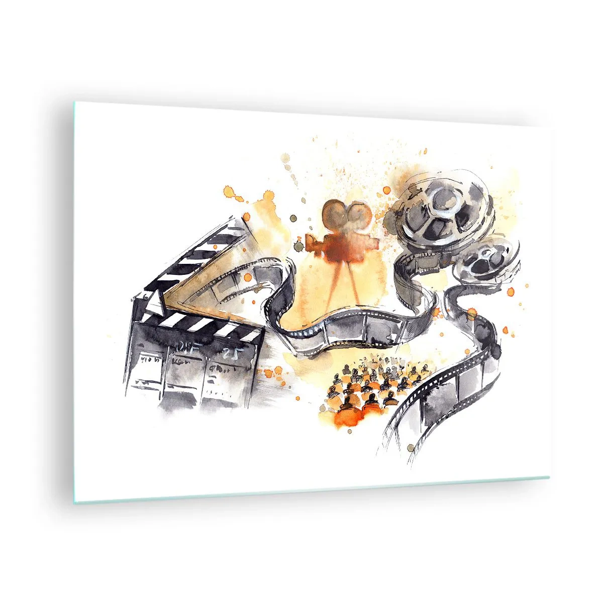 Quadro em vidro - Tira de filme e câmera em uma composição artística - 70x50cm - Na terra dos sonhos - Decoração de parede moderna para a sala de estar e quarto ARTTOR