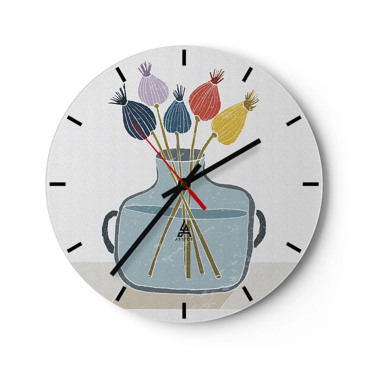 Relógio de parede - Relógio em vidro - Obra de arte decorativa com vaso e flores secas - 30x30cm - Como semeou a papoula - Decoração de parede moderna para a sala de estar, cozinha e quarto ARTTOR