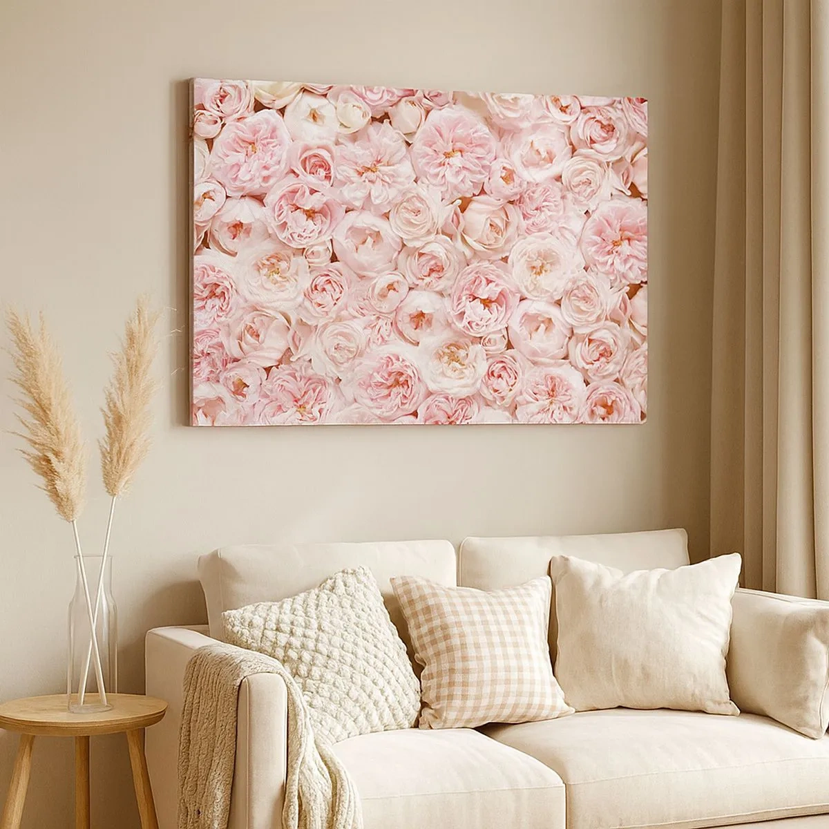 Quadro em tela - Rosas delicadas em tons de rosa por toda a superfície - 70x50cm - Uma cama de rosas - Decoração de parede moderna para a sala de estar e quarto ARTTOR