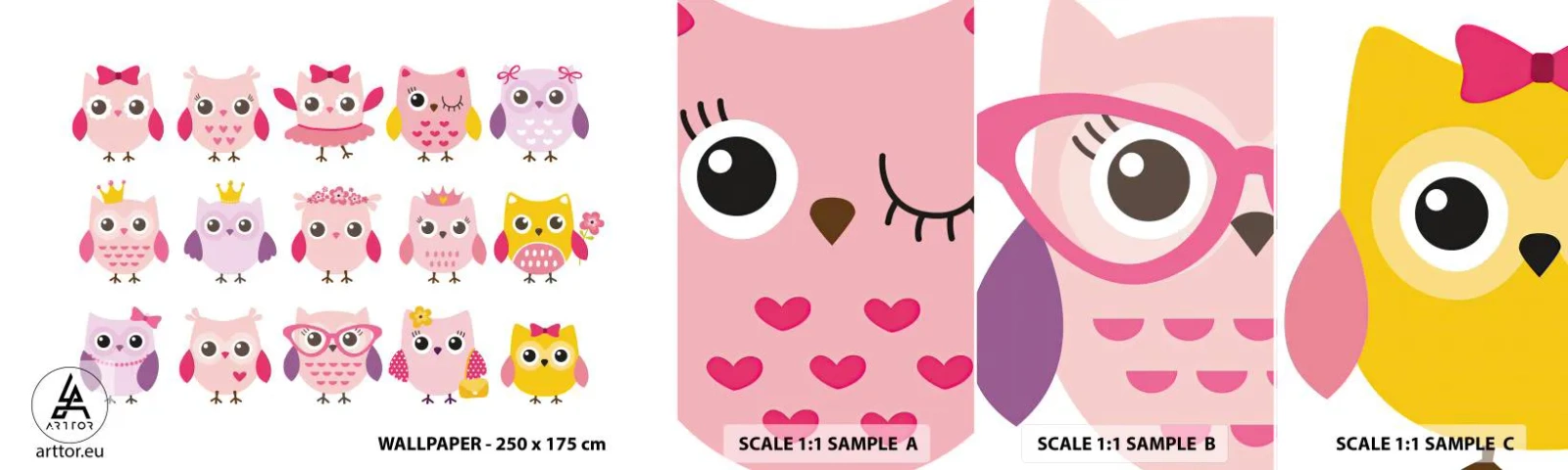 Amostra de papel de parede autocolante Deluxe Sticker - Um mais doce que o outro - Pássaros, Coruja, Para crianças - 100x30 cm