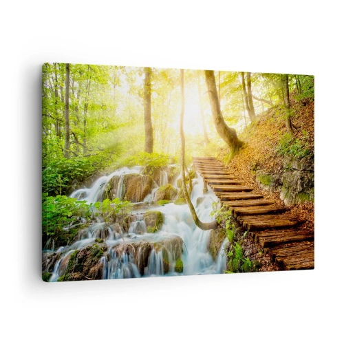 Quadro em tela - Caminho na floresta com escadas de madeira perto da cachoeira - 70x50cm - O desejado refresco - Decoração de parede moderna para a sala de estar e quarto ARTTOR