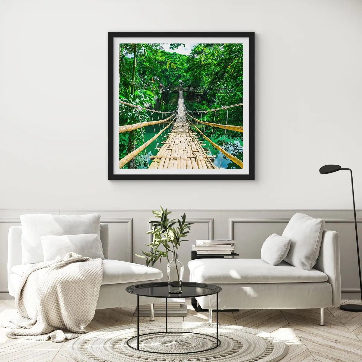 Pôster com moldura preta - Ponte de macacos sobre a vegetação - 50x50 cm