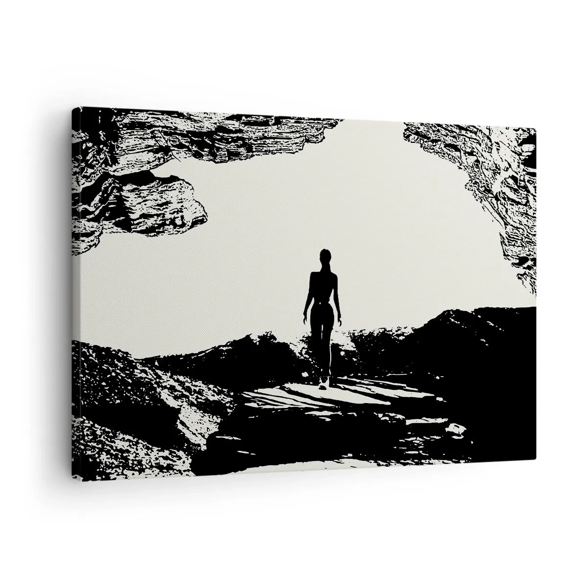Quadro em tela - Silhueta preta e branca de uma mulher em uma caverna contra o céu - 70x50cm - Novo visual - Decoração de parede moderna para a sala de estar e quarto ARTTOR
