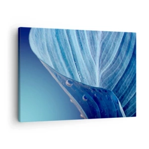 Quadro em tela - Uma folha azul com gotas de água visíveis - 70x50cm - Gotas escondidas no azul - Decoração de parede moderna para a sala de estar e quarto ARTTOR