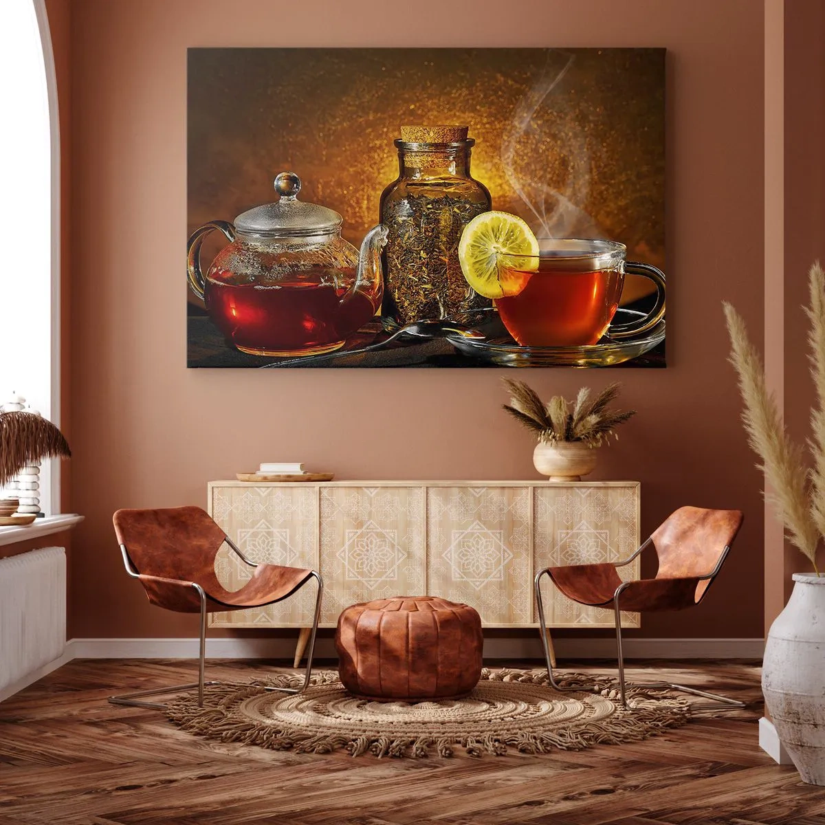 Quadro em tela - Chá em jarra de vidro com limão e chá a granel - 70x50cm - Ao estilo dos mestres holandeses - Decoração de parede moderna para a sala de estar e quarto ARTTOR