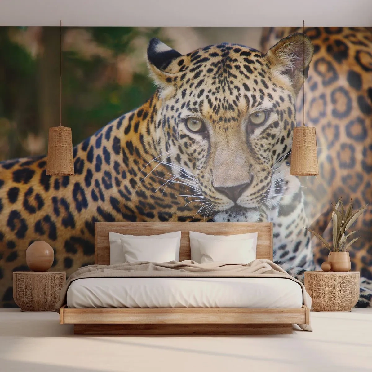 Papel de Parede Standard Eco - Um leopardo deitado com um olhar intenso contra um fundo de selva. - 100x70cm - Selvagem e tranquilo - Decoração de parede moderna para a sala de estar e quarto ARTTOR