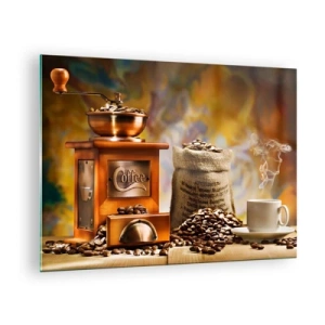 Quadro em vidro - Moedor de café, grãos e uma xícara sobre uma mesa de madeira - 70x50cm - A trituração do grão, o ruído do moedor - Decoração de parede moderna para a sala de estar e quarto ARTTOR