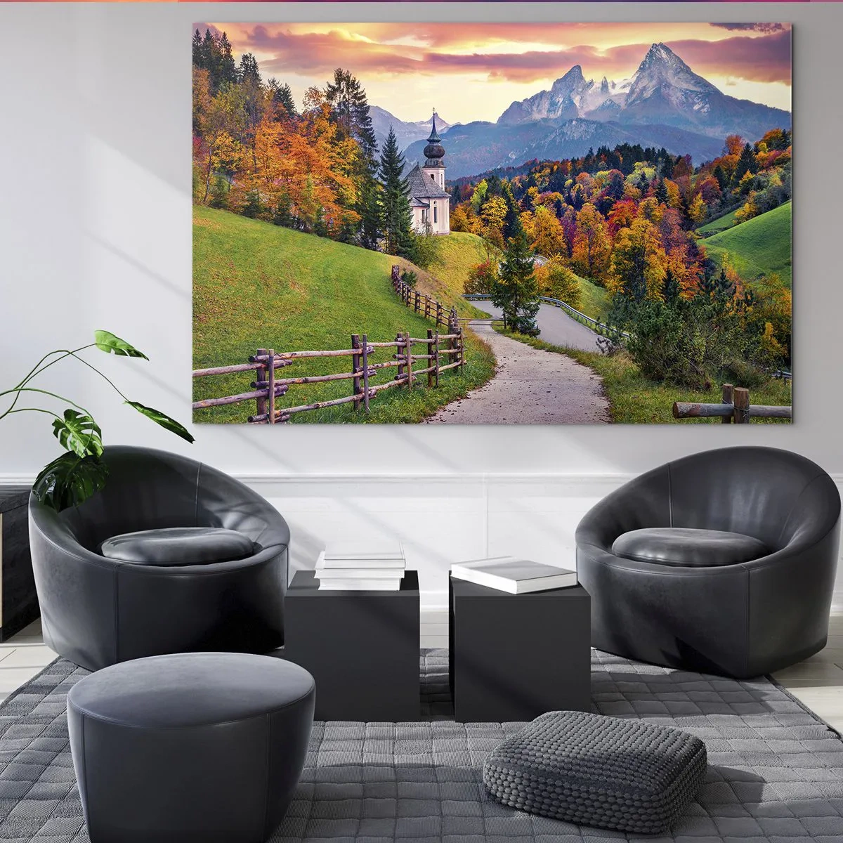 Quadro em vidro - Paisagem montanhosa de outono com uma igreja e uma estrada que atravessa as colinas - 70x50cm - Paisagem como uma pintura - Decoração de parede moderna para a sala de estar e quarto ARTTOR