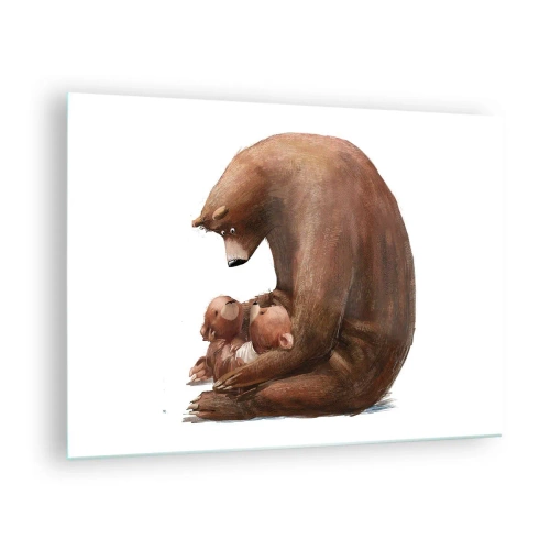 Quadro em vidro - Uma ursa abraçando dois filhotes de urso - 70x50cm - Doces sonhos, crianças - Decoração de parede moderna para a sala de estar e quarto ARTTOR