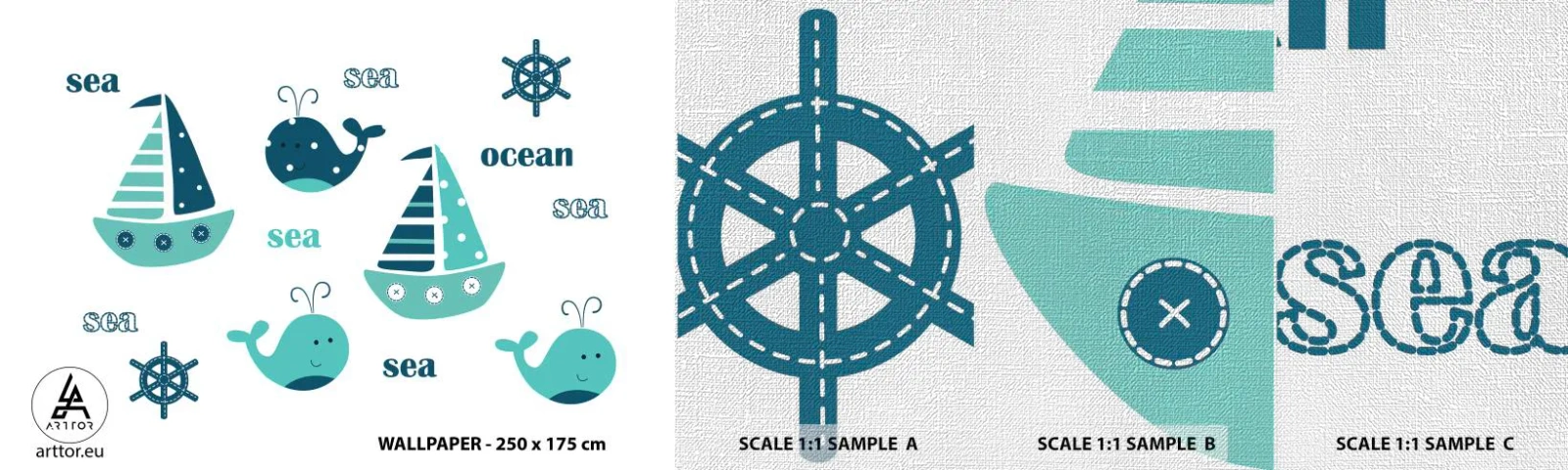 Amostra de papel de parede Premium Canvas - Através dos mares e oceanos - Para crianças, Náutico, Barco a vela - 100x30 cm