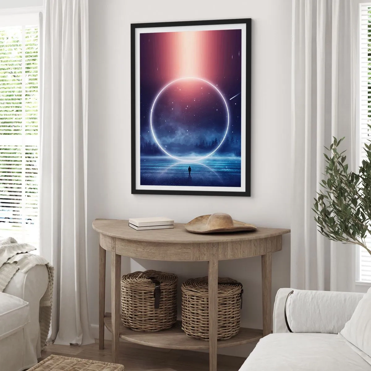 Pôster com moldura preta - Silhueta de uma pessoa em um círculo de luz contra um fundo de estrelas - 50x70cm - Eles já estão aqui... - Decoração de parede moderna para a sala de estar e quarto ARTTOR