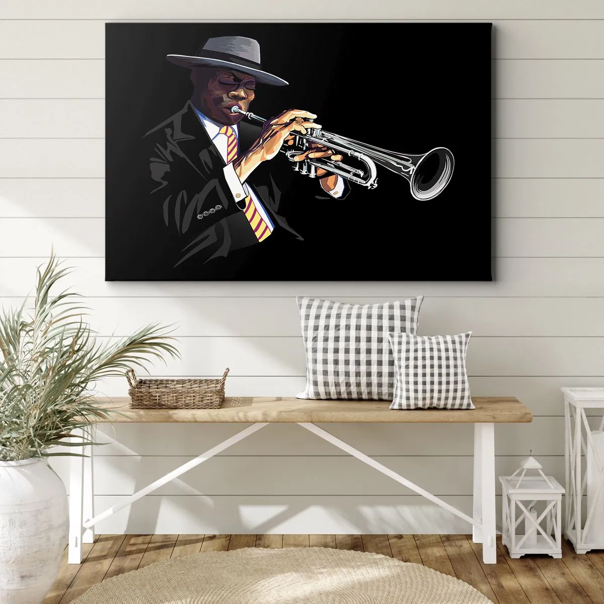 Quadro em tela - Um músico tocando trompete contra um fundo preto - 70x50cm - Charme da velha escola - Decoração de parede moderna para a sala de estar e quarto ARTTOR