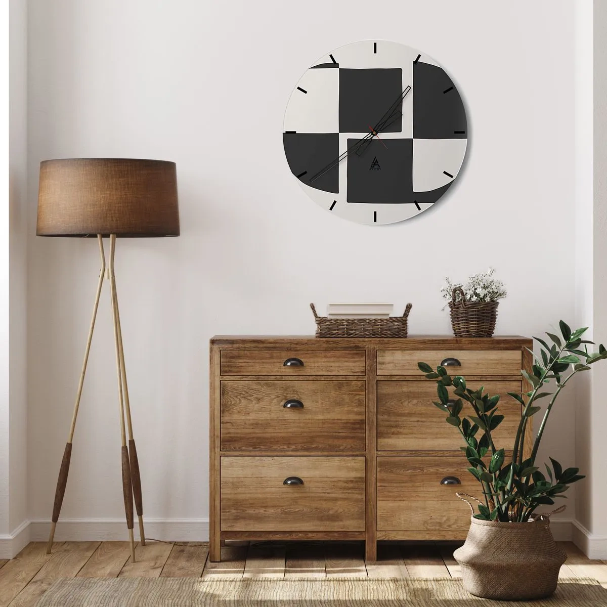 Relógio de parede - Relógio em vidro - Composição geométrica em preto e branco - 30x30cm - Antítese – síntese - Decoração de parede moderna para a sala de estar, cozinha e quarto ARTTOR