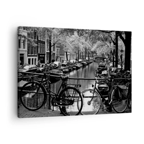 Quadro em tela - Canal com bicicletas em fotografia em preto e branco - 70x50cm - Vista muito holandesa - Decoração de parede moderna para a sala de estar e quarto ARTTOR