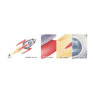 Amostra de papel de parede autocolante Deluxe Sticker - Mais alto, mais rápido e mais longe - Um foguete espacial, Infantil, Cosmos - 100x30 cm