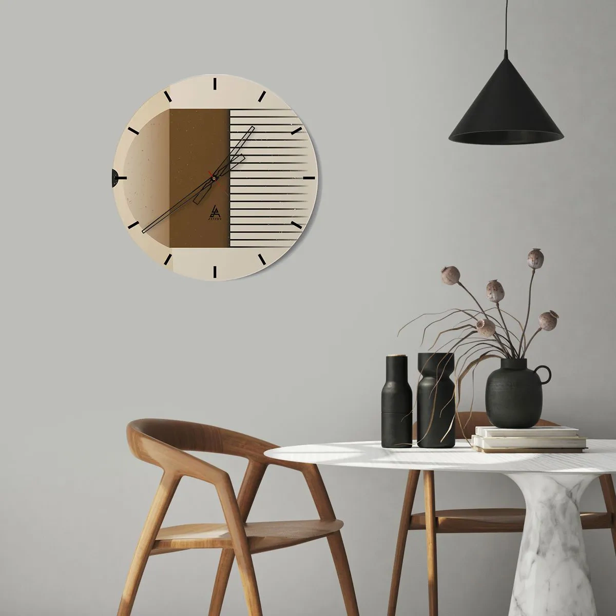 Relógio de parede - Relógio em vidro - Composição geométrica com retângulos e linhas marrons sobre fundo bege. - 30x30cm - Diferentes estados - Decoração de parede moderna para a sala de estar, cozinha e quarto ARTTOR