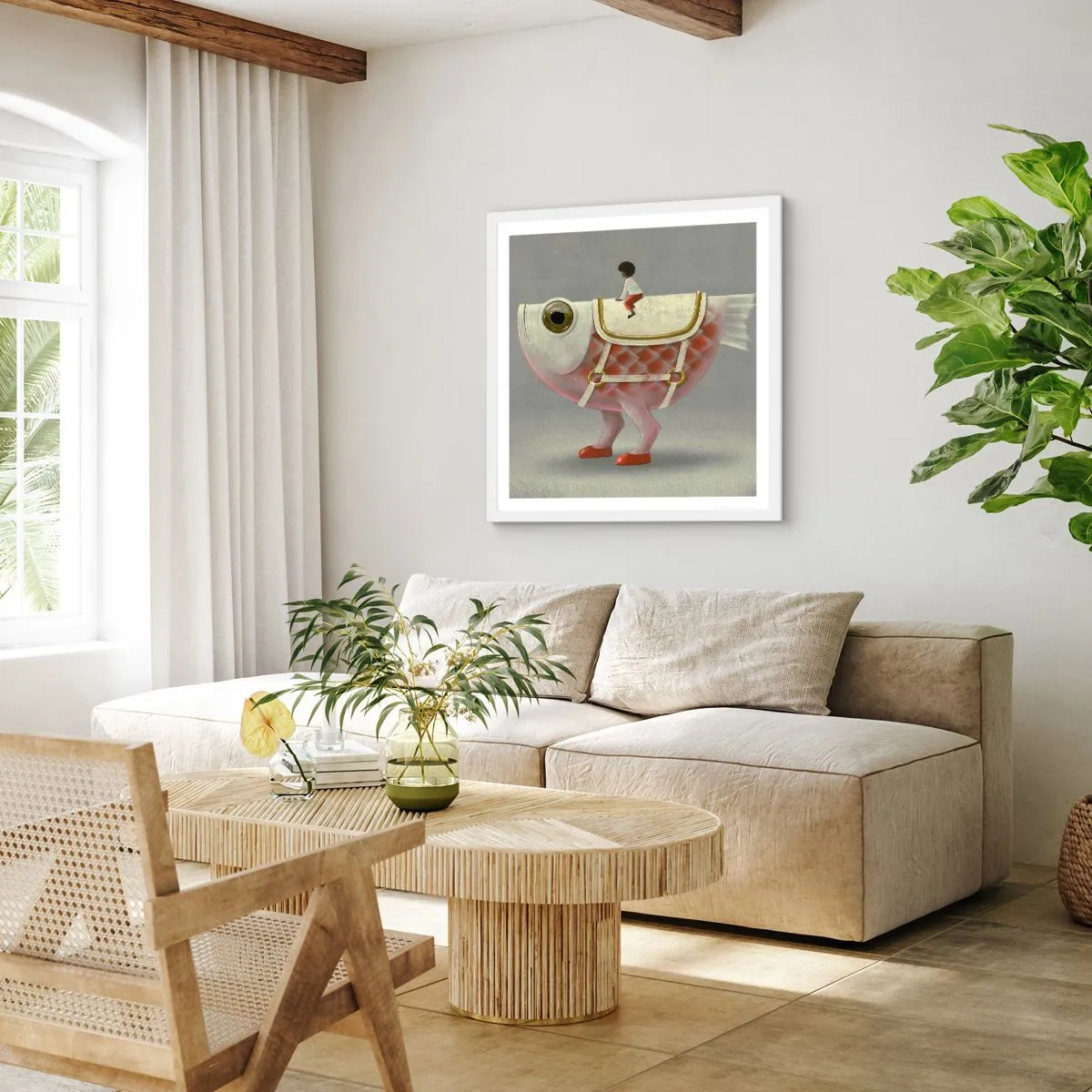 Pôster em moldura branca - O cavaleiro Peixoso - 60x60 cm