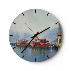 Relógio de parede - Relógio em vidro - Um porto com barcos vermelhos em águas calmas pela manhã - 30x30cm - No fim do mundo - Decoração de parede moderna para a sala de estar, cozinha e quarto ARTTOR