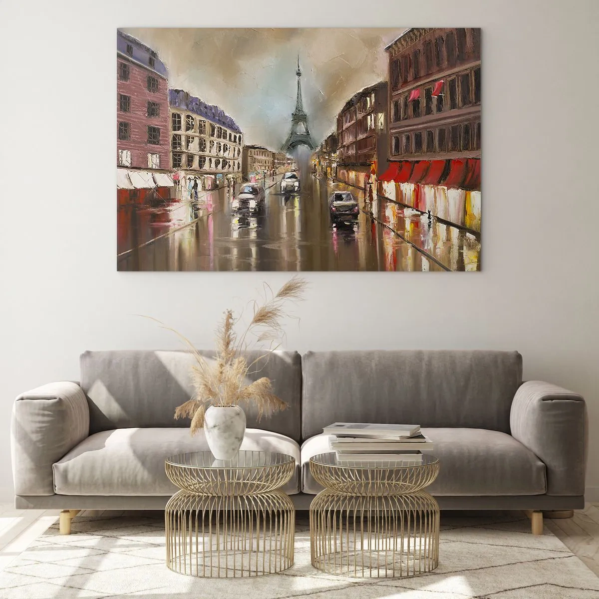 Quadro em vidro - Rua noturna de Paris com vista para a Torre Eiffel - 70x50cm - Só ela importa - Decoração de parede moderna para a sala de estar e quarto ARTTOR