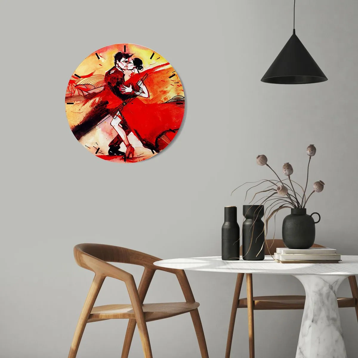 Relógio de parede - Relógio em vidro - Um casal dançando tango em tons de vermelho e dourado - 30x30cm - O ritmo roxo da paixão - Decoração de parede moderna para a sala de estar, cozinha e quarto ARTTOR