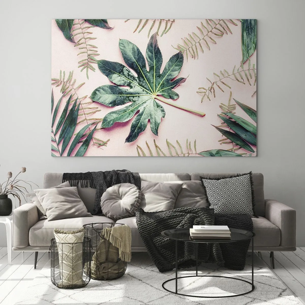 Quadro em vidro - Folhas tropicais em fundo pastel - 70x50cm - Estudo do verde em um fundo rosa - Decoração de parede moderna para a sala de estar e quarto ARTTOR