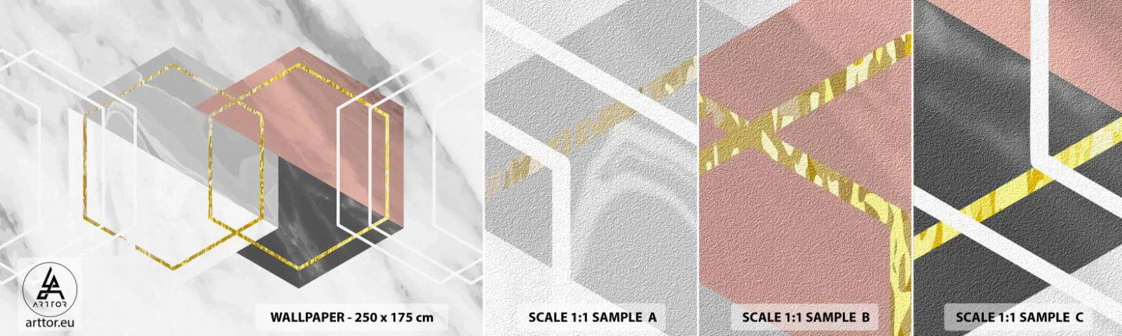 Amostra de Papel de Parede Standard Eco - Composição em cadeia - Abstração, Pedaço, Hexágono - 100x30 cm