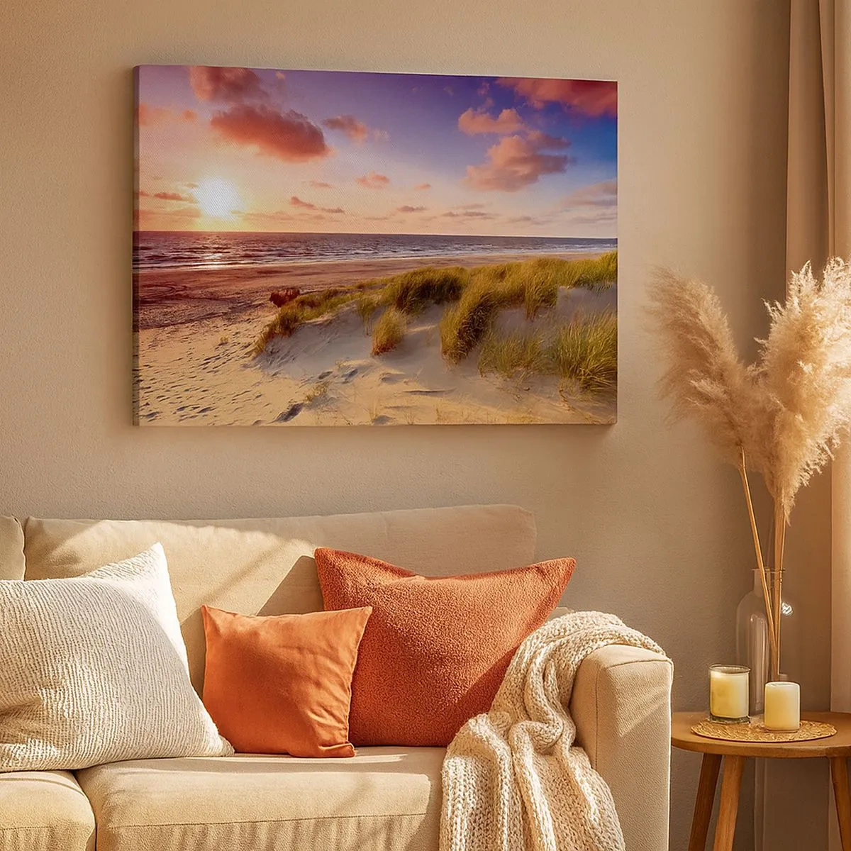 Quadro em tela - Uma praia gramada e um pôr do sol sobre um mar calmo - 70x50cm - Ar com cheiro de verão - Decoração de parede moderna para a sala de estar e quarto ARTTOR