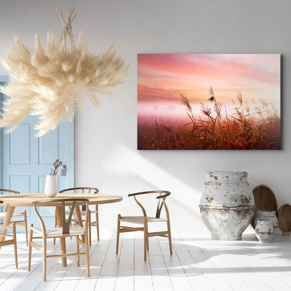 Quadro em tela - Um campo de grama com um pôr do sol pitoresco como pano de fundo - 70x50cm - Papagaios, balões, vento - Decoração de parede moderna para a sala de estar e quarto ARTTOR