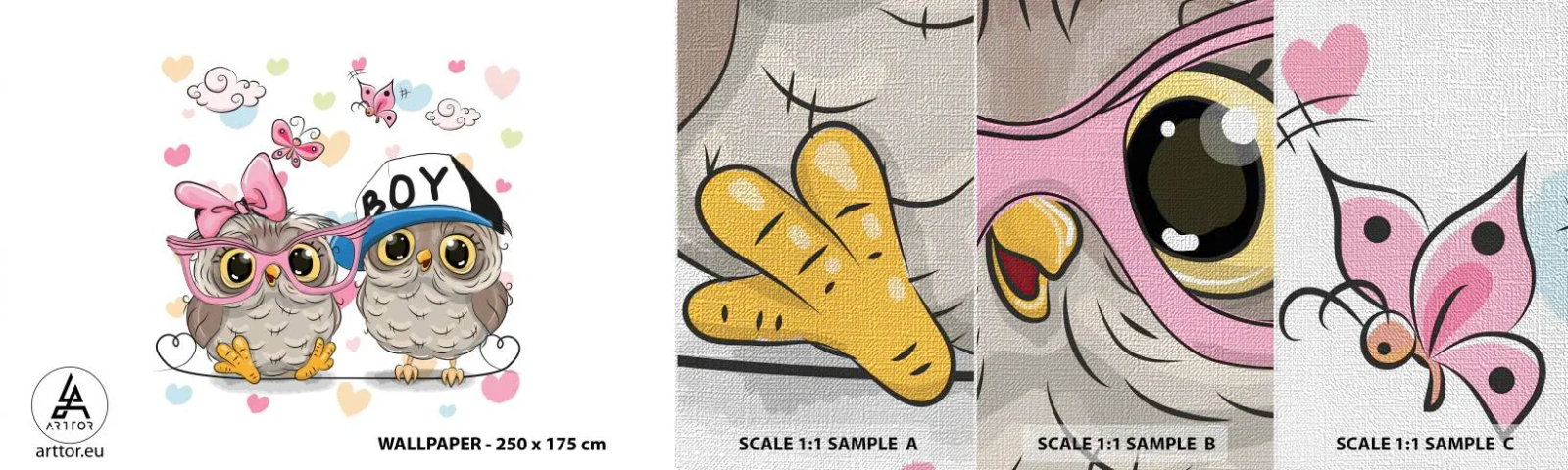 Amostra de papel de parede Premium Canvas - Amemo-nos! - Para crianças, Coruja, Borboleta - 100x30 cm