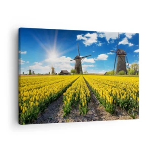 Quadro em tela - Um campo de tulipas amarelas com moinhos de vento no horizonte - 70x50cm - Nada mais holandês do que isso - Decoração de parede moderna para a sala de estar e quarto ARTTOR